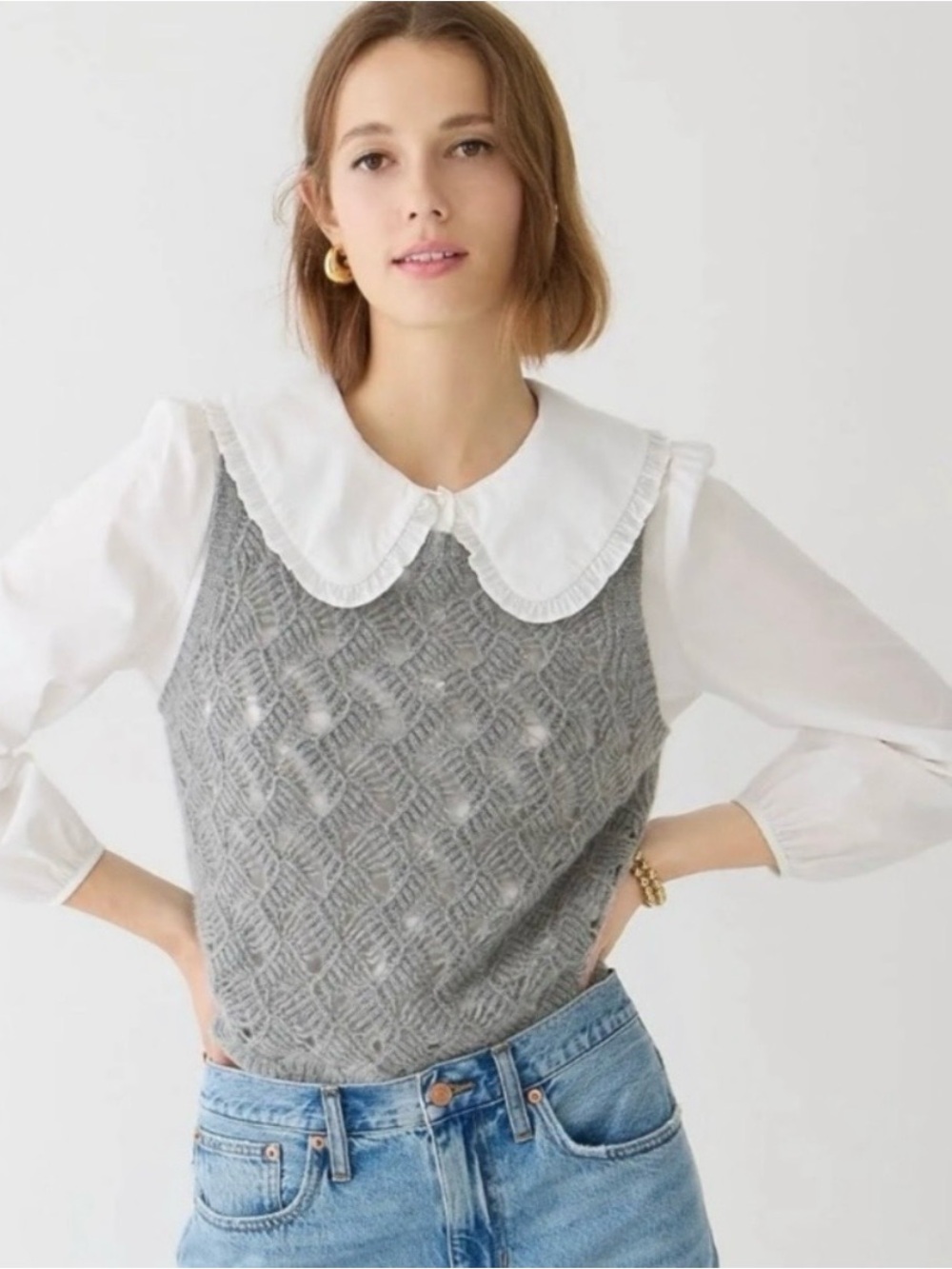 J.Crew Size 3X 100% Cashmere Pointelle Sweater Vest Shell Grey Preppy Academia
